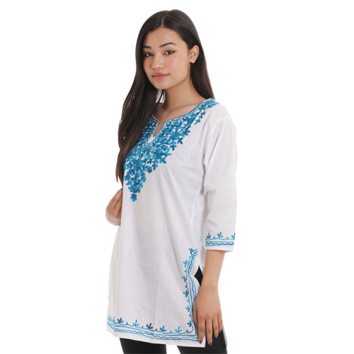White-Blue Kashmiri Embroidered Floral Design Cotton Kurtha Tops For Women